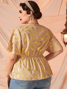 Áo sơ mi Plus Size Viên lá sen Trọn gói Tất cả trên in Thanh lịch - Màu be - Xem 2