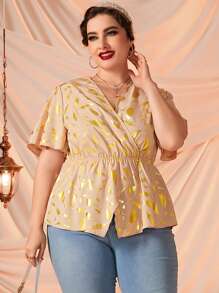 Áo sơ mi Plus Size Viên lá sen Trọn gói Tất cả trên in Thanh lịch - Màu be - Xem 3