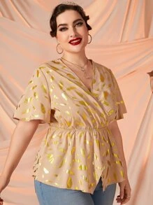 Áo sơ mi Plus Size Viên lá sen Trọn gói Tất cả trên in Thanh lịch - Màu be - Xem 5