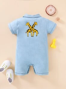 男嬰卡通圖案補丁貼口袋頂針襯衫連體短褲 - 淺藍色 - 查看 2