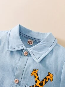 男嬰卡通圖案補丁貼口袋頂針襯衫連體短褲 - 淺藍色 - 查看 3