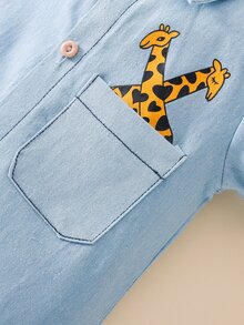 男嬰卡通圖案補丁貼口袋頂針襯衫連體短褲 - 淺藍色 - 查看 5
