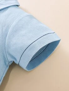 男嬰卡通圖案補丁貼口袋頂針襯衫連體短褲 - 淺藍色 - 查看 7