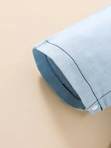 男嬰卡通圖案補丁貼口袋頂針襯衫連體短褲 - 淺藍色 - 查看 8