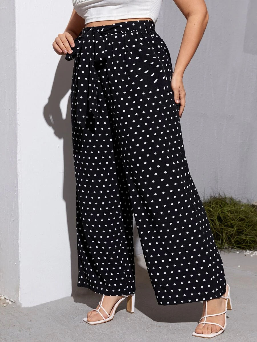 SHEIN LUNE Quần Plus Size Thắt lưng Chấm bi Giải trí - màu đen - Xem 1