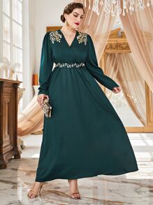 Modelyn Plus Scroll Embroidery Puff Sleeve Belted Dress - Dark Green - View 1