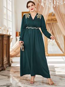 Modelyn Plus Scroll Embroidery Puff Sleeve Belted Dress - Dark Green - View 3