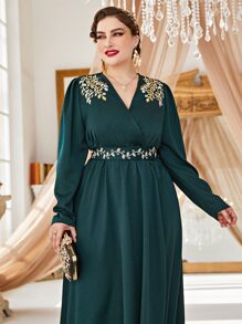 Modelyn Plus Scroll Embroidery Puff Sleeve Belted Dress - Dark Green - View 4