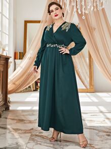 Modelyn Plus Scroll Embroidery Puff Sleeve Belted Dress - Dark Green - View 5