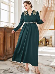 Modelyn Plus Scroll Embroidery Puff Sleeve Belted Dress - Dark Green - View 6