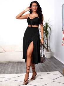 Váy nữ Tách cao Nút giả màu trơn Giải trí - màu đen - Xem 3