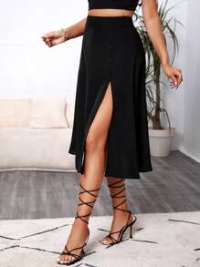 Váy nữ Tách cao Nút giả màu trơn Giải trí - màu đen - Xem 4