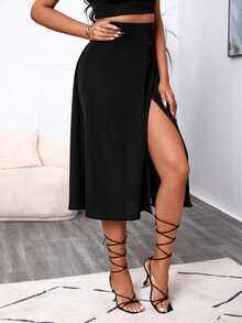 Váy nữ Tách cao Nút giả màu trơn Giải trí - màu đen - Xem 5