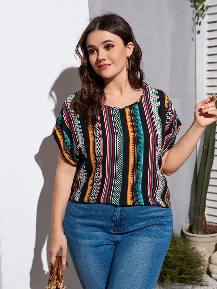 SHEIN LUNE Plus Vertical Striped & Geo Print Batwing Sleeve Blouse - Multicolor - View 1