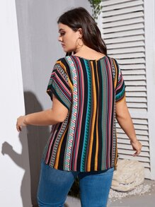 SHEIN LUNE Plus Vertical Striped & Geo Print Batwing Sleeve Blouse - Multicolor - View 2