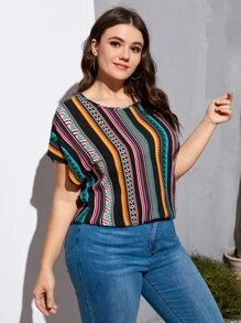 SHEIN LUNE Plus Vertical Striped & Geo Print Batwing Sleeve Blouse - Multicolor - View 3