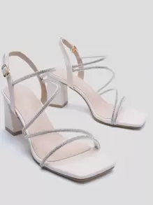 女士时尚高跟凉鞋，水晶绑带，适合日常和派对穿着，春夏百搭单品 - 米色 - 查看 5