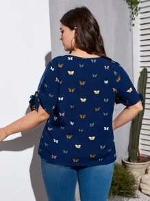 SHEIN LUNE Áo sơ mi Plus Size Thắt nút Chia Loại bướm Giải trí - Màu xanh hải quân - Xem 2