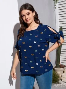 SHEIN LUNE Áo sơ mi Plus Size Thắt nút Chia Loại bướm Giải trí - Màu xanh hải quân - Xem 3