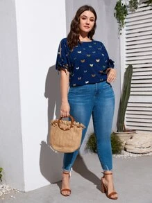 SHEIN LUNE Áo sơ mi Plus Size Thắt nút Chia Loại bướm Giải trí - Màu xanh hải quân - Xem 4