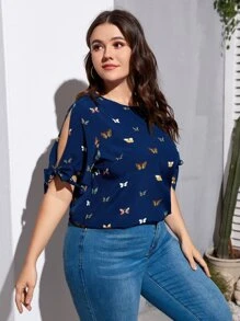 SHEIN LUNE Áo sơ mi Plus Size Thắt nút Chia Loại bướm Giải trí - Màu xanh hải quân - Xem 5