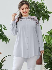 Modelyn Plus Floral Embroidery Blouse - Dusty Blue - View 1