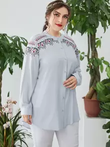 Modelyn Plus Floral Embroidery Blouse - Dusty Blue - View 3