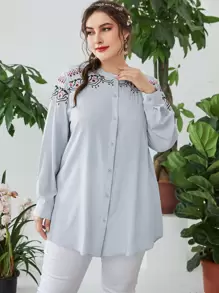 Modelyn Plus Floral Embroidery Blouse - Dusty Blue - View 4