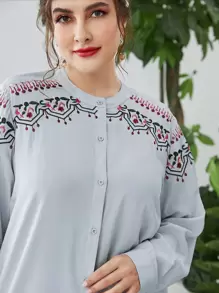Modelyn Plus Floral Embroidery Blouse - Dusty Blue - View 6
