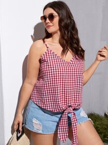 Plus Gingham Knot Front Crop Top - Red and White - View 5