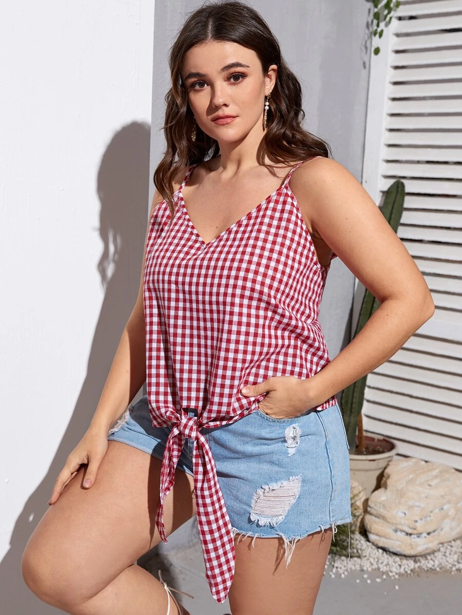 Plus Gingham Knot Front Crop Top - Red and White - View 1