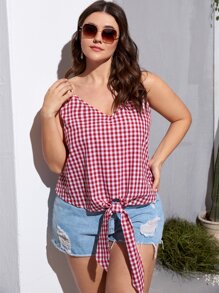Plus Gingham Knot Front Crop Top - Red and White - View 3