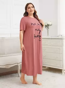 SHEIN Unity Plus Letter Graphic Nightdress - Redwood - View 3