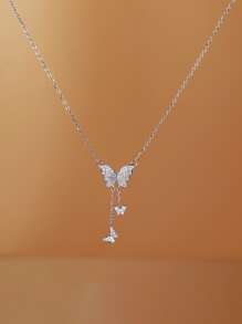 Cubic Zirconia Butterfly Pendant Necklace - Silver - View 1