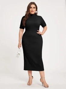 Modelyn Plus Mock Neck Split Hem Solid Dress Long Evening Dresses - Black - View 1