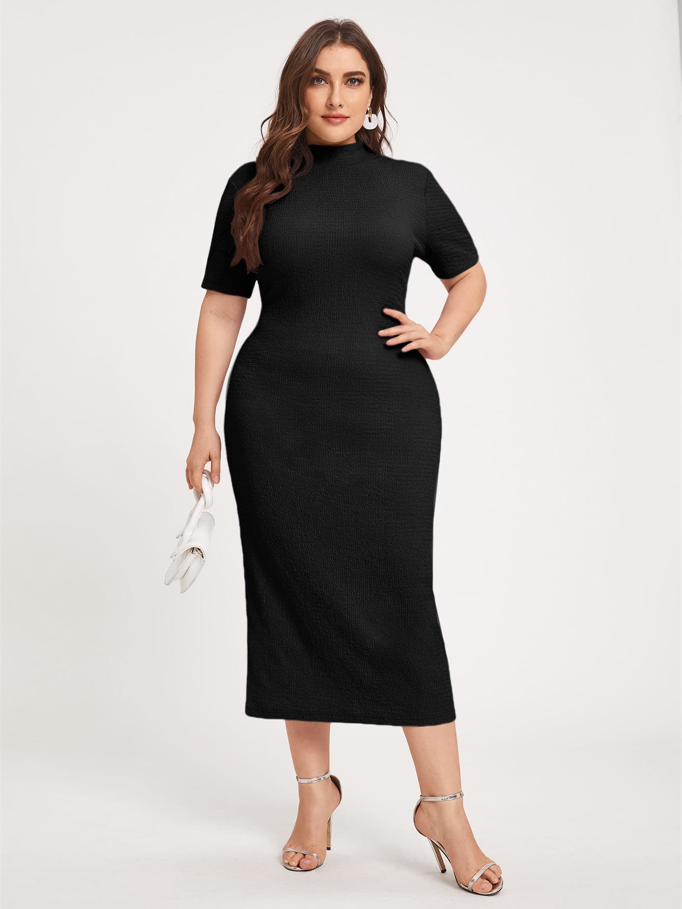 Modelyn Plus Mock Neck Split Hem Solid Dress Long Evening Dresses - Black - View 1