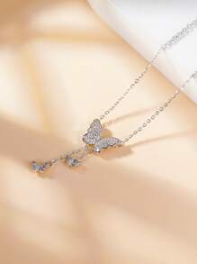Cubic Zirconia Butterfly Pendant Necklace - Silver - View 2