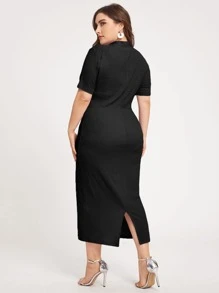 Modelyn Plus Mock Neck Split Hem Solid Dress Long Evening Dresses - Black - View 2