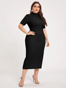 Modelyn Plus Mock Neck Split Hem Solid Dress Long Evening Dresses - Black - View 3