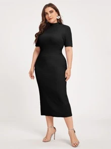 Modelyn Plus Mock Neck Split Hem Solid Dress Long Evening Dresses - Black - View 4