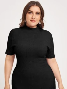 Modelyn Plus Mock Neck Split Hem Solid Dress Long Evening Dresses - Black - View 5