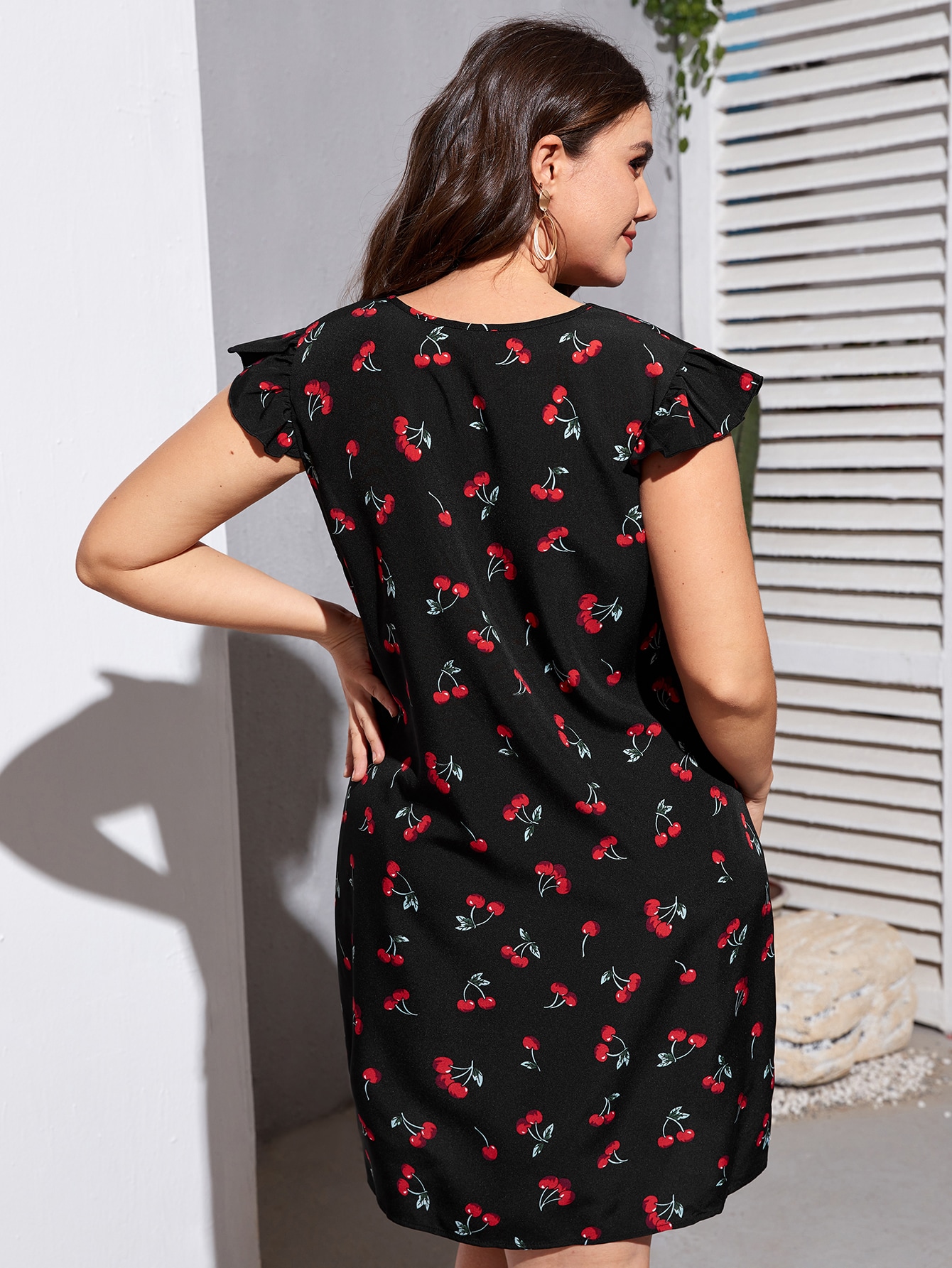 Plus Cherry Print Butterfly Sleeve 