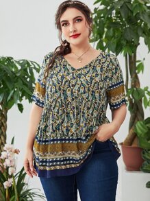 SHEIN Unity Plus Floral Print V Neck Blouse - Multicolor - View 5