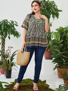 SHEIN Unity Plus Floral Print V Neck Blouse - Multicolor - View 3