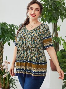 SHEIN Unity Plus Floral Print V Neck Blouse - Multicolor - View 4