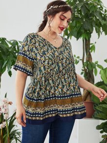 SHEIN Unity Plus Floral Print V Neck Blouse - Multicolor - View 6