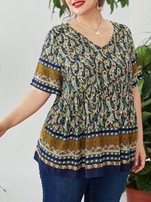 SHEIN Unity Plus Floral Print V Neck Blouse - Multicolor - View 7