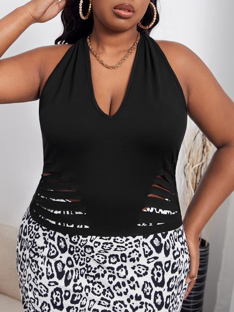 Top halter desgarro escalonado de espalda abierta - Negro - Ver 1