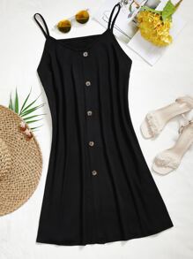 Đầm Plus Size Nút phía trước màu trơn Giải trí - màu đen - Xem 1