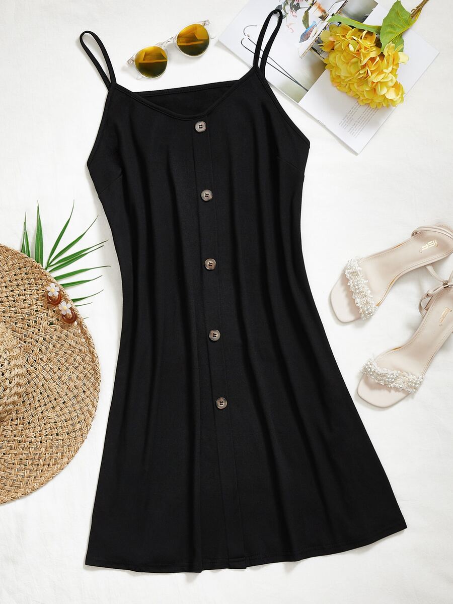 Đầm Plus Size Nút phía trước màu trơn Giải trí - màu đen - Xem 1